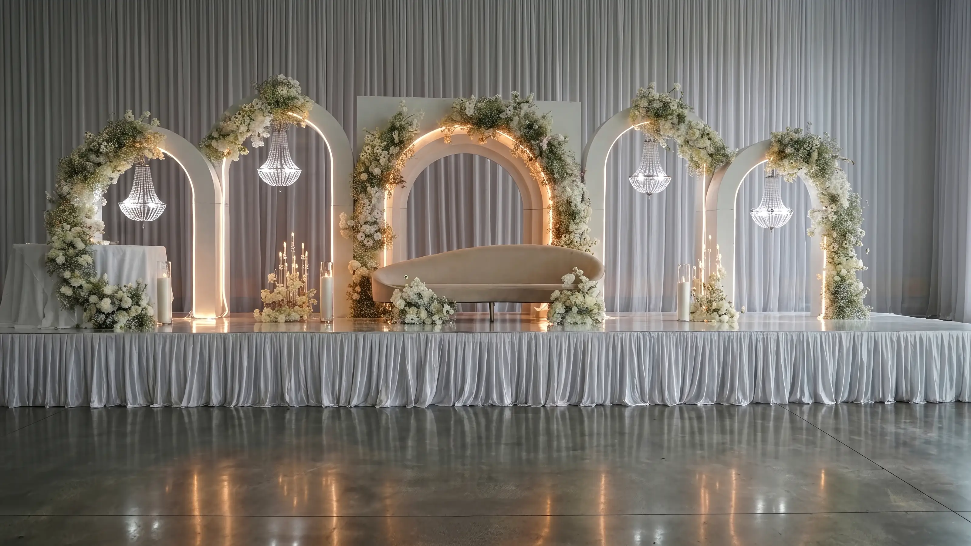 The same hall dressed for a celebration: five lit white arches hung with white florals and crystal chandeliers, a cream sofa on a skirted stage, candles.