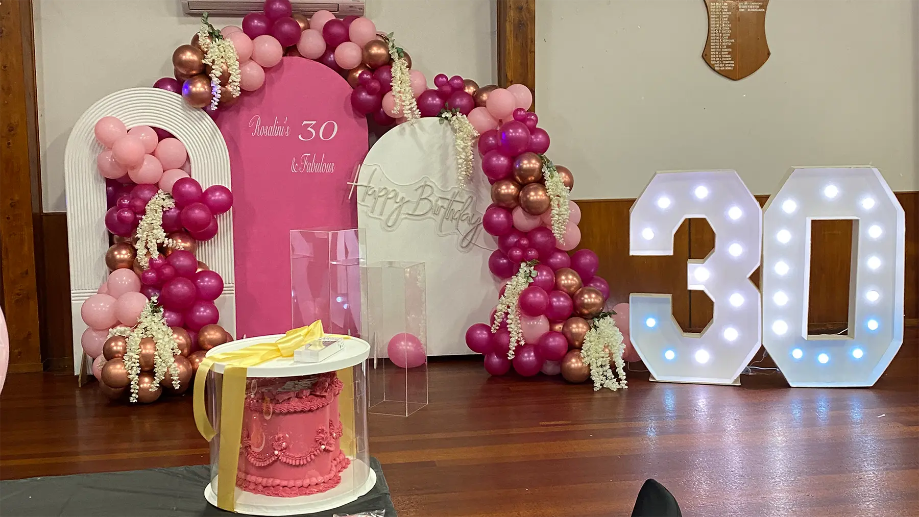 Birthday styling by Decoration X: 'Rosalini's 30 & Fabulous' arch, marquee 30, cake.