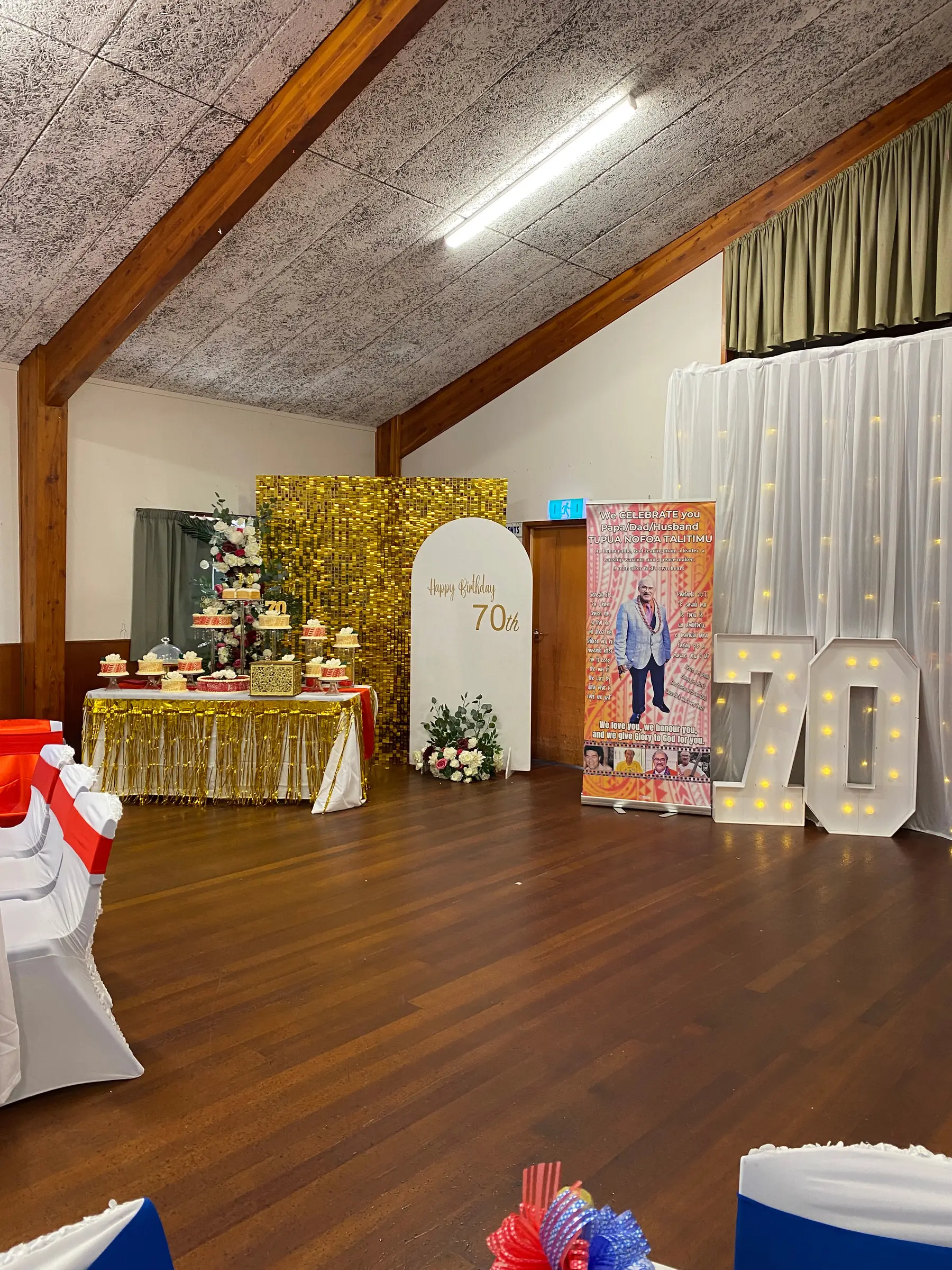 Birthday styling by Decoration X: '70' marquee, gold sequin wall, dessert table, hall.
